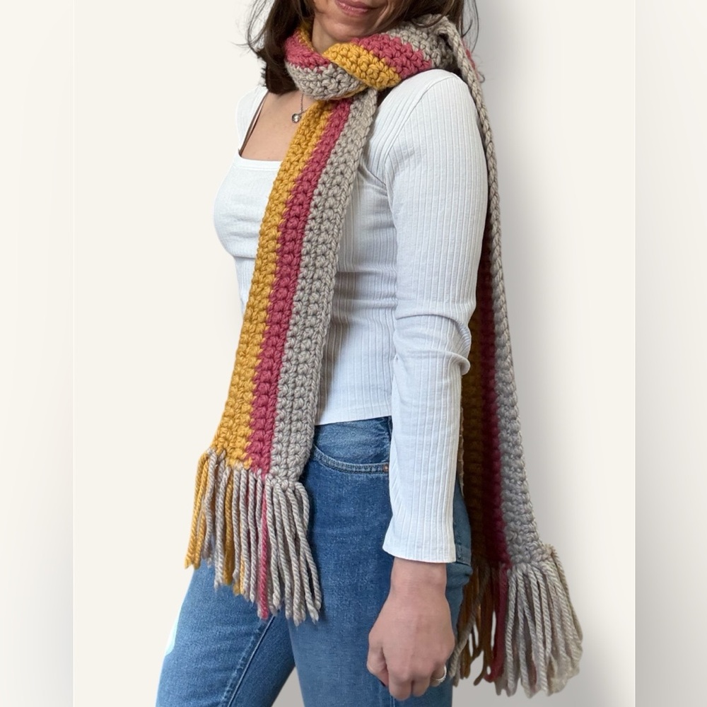 Hand Crochet Color Block Skinny Long Scarf - Picture 2 of 7
